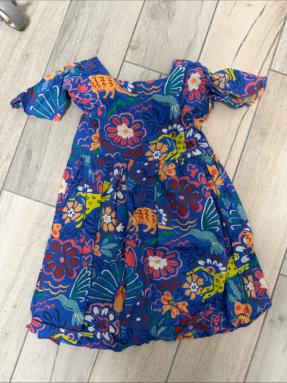 Mini Boden Bright Blue Floral Ruffled-Sleeve Dress size 6-7